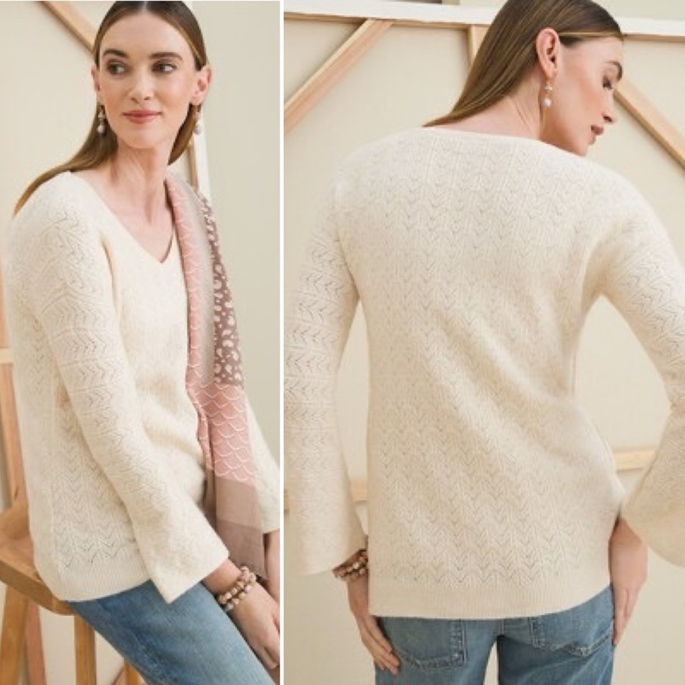 Chico’s Cable Knit V Neck Sweater 2 Large ivory bone cream pointelle bell sleeve